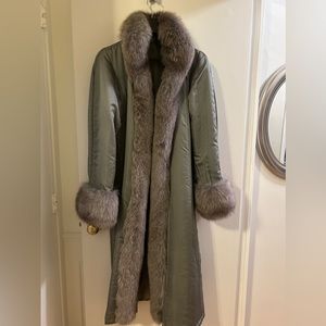 Fur Trimmed (Silver Fox) Grey Shell Long Coat.